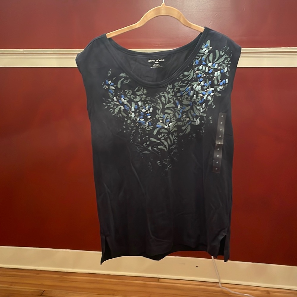 DKNY Jeans, M/M/M, blue 3D deco print tee shirt.